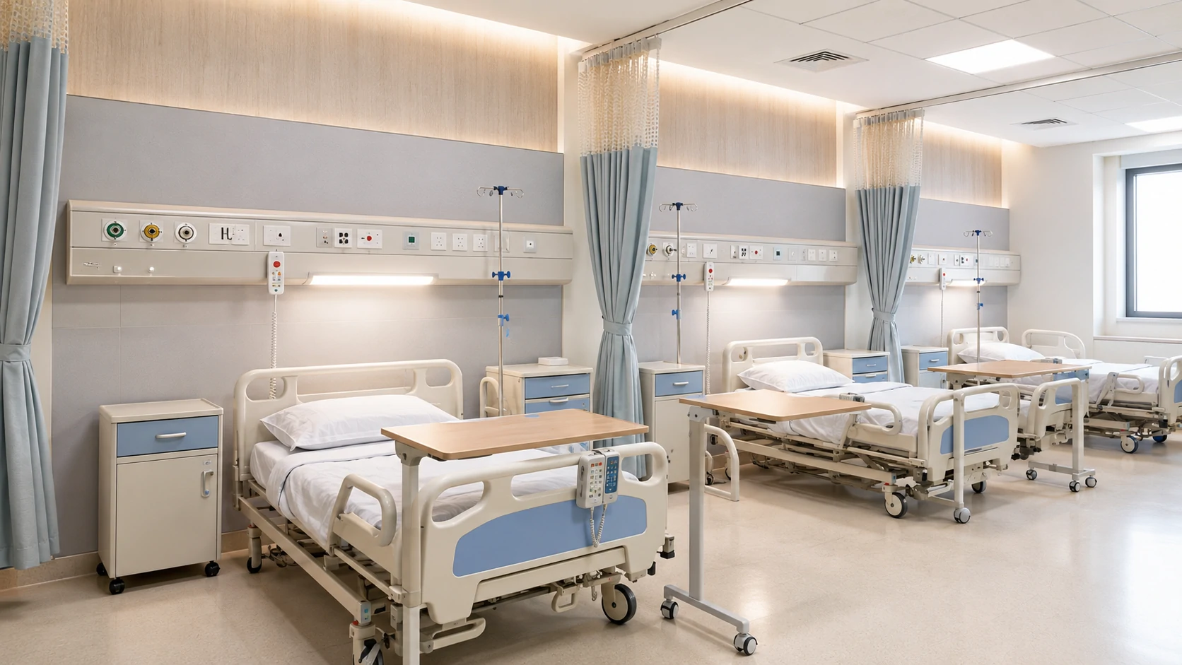 For new hospital buyers, infrastructure products are easier to plan by hospital area rather than by product category. A bed head unit, handrail, cabinet, gas outlet or trolley only makes sense when it is connected to a real room function and clinical workflow. Ward and Bedside Systems A hospital ward is not complete just because beds are placed inside the room. Each bed should be treated as a care position where oxygen supply, suction, nurse call, power access, lighting, privacy protection and bedside support are arranged in the right place. Typical products include bed head units, oxygen outlets, vacuum outlets, nurse call buttons, power sockets, reading lights, hospital beds, bedside cabinets, overbed tables, IV stands, privacy curtains, medical curtain tracks, hospital handrails and wall protection panels. Before purchasing, buyers should confirm bed quantity, room layout, gas outlet requirements per bed, socket quantity, nurse call requirements, privacy curtain layout, bedside furniture needs, handrail coverage and wall protection areas.