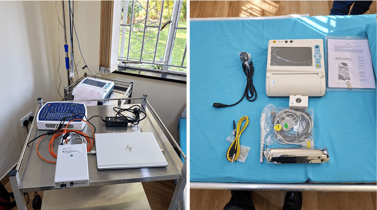 ECG and EEG equipment, accessories and documentation prepared during on-site medical equipment installation.