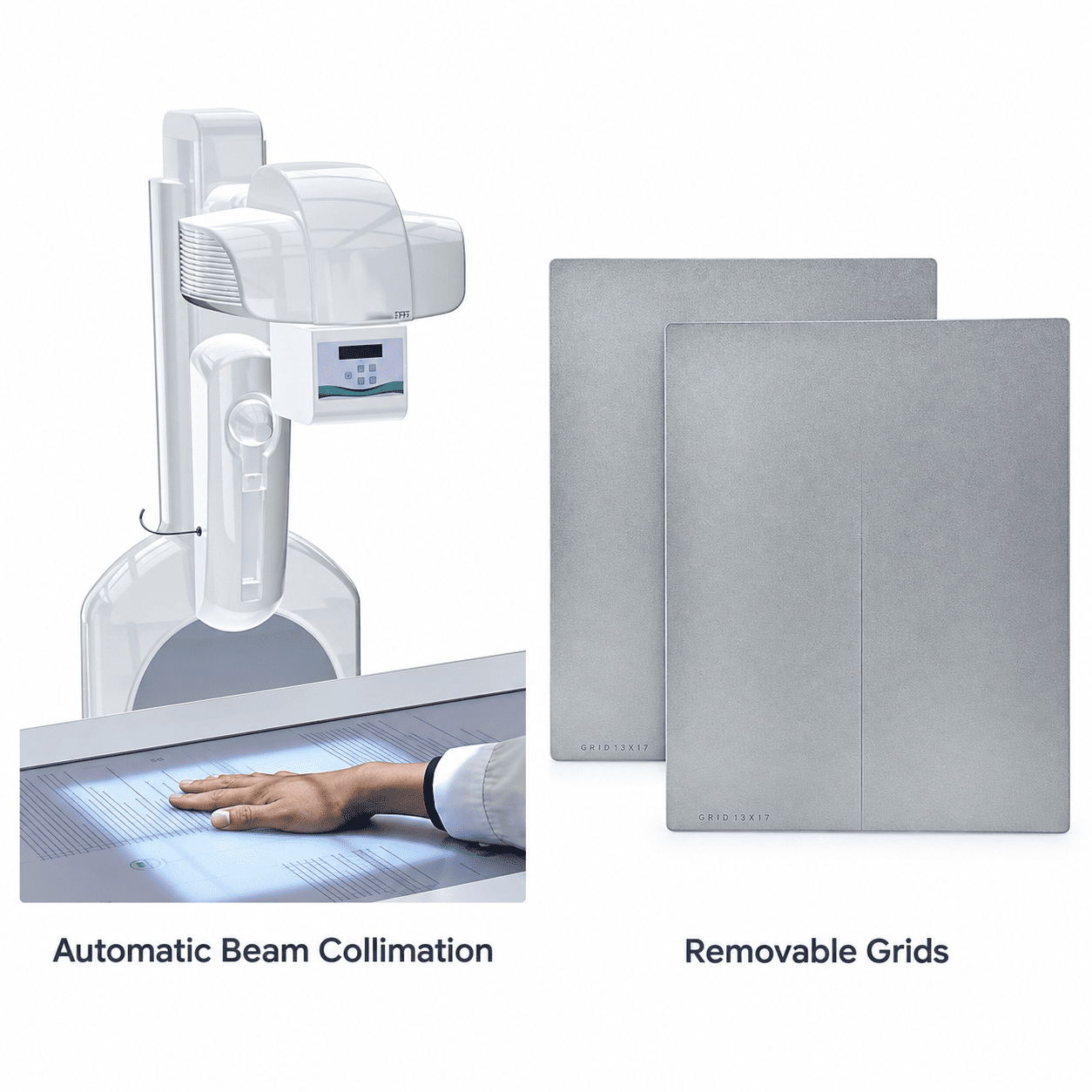 DRF X-ray system showing automatic beam collimation and removable grids for flexible radiographic examinations.