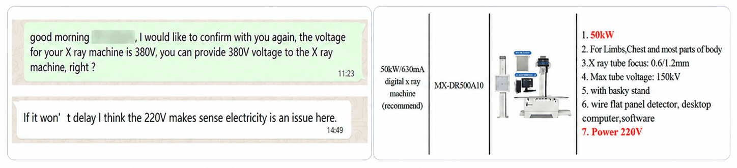 WhatsApp confirmation of the X-ray machine's 220V power requirement and revised equipment specification.