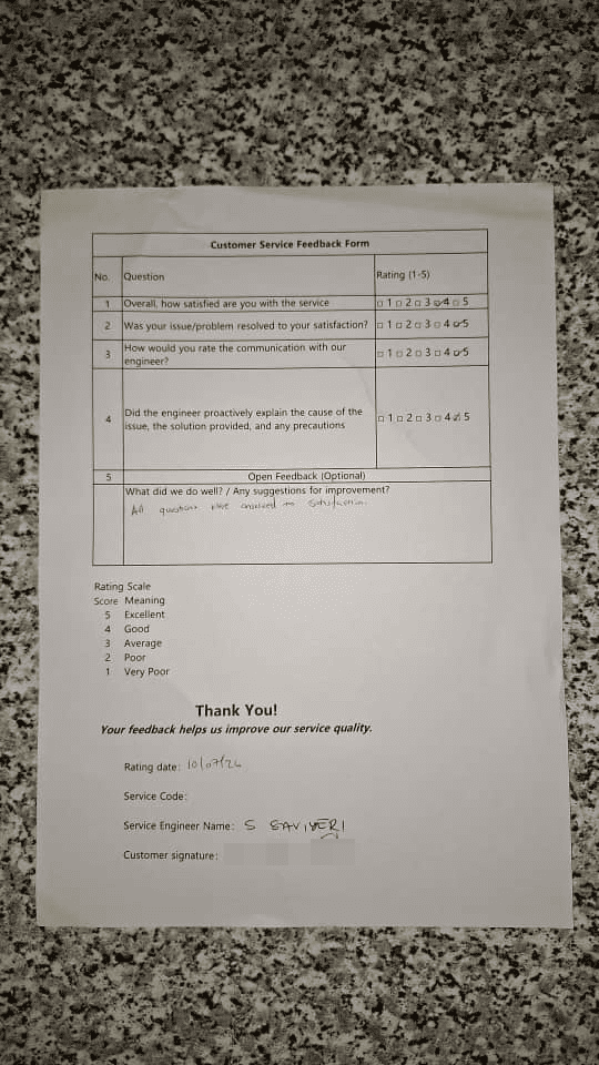 Completed customer service feedback form recording ratings and comments on medical equipment support.