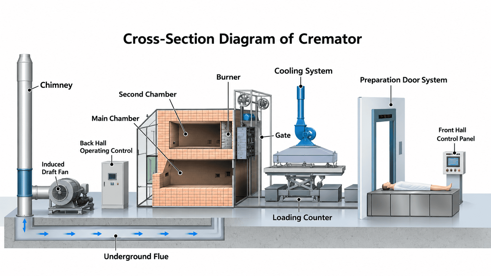 Cross-section diagram showing the primary chamber, secondary chamber, burner, flue, cooling system, and loading area.