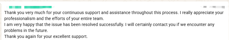 MECANMED electrosurgical unit repair customer feedback screenshot thanking the technical team for support.
