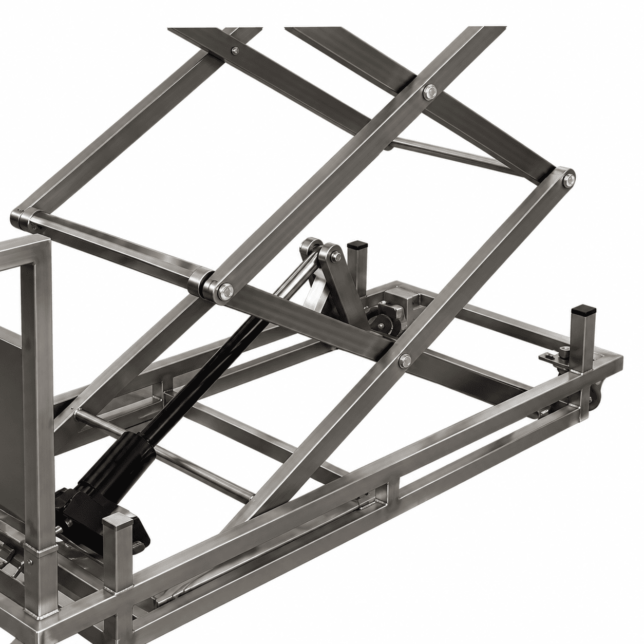 MCM0032 electric mortuary trolley with double-scissor lifting structure and 45–200 cm height adjustment.