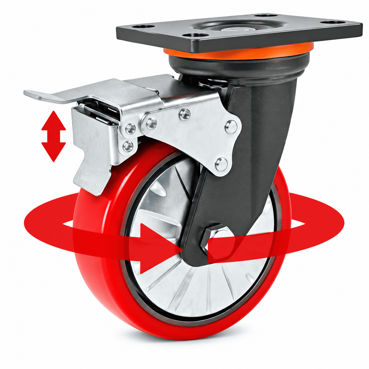 Locking caster of the MCM0032 mortuary trolley for stable positioning during tray loading and unloading.