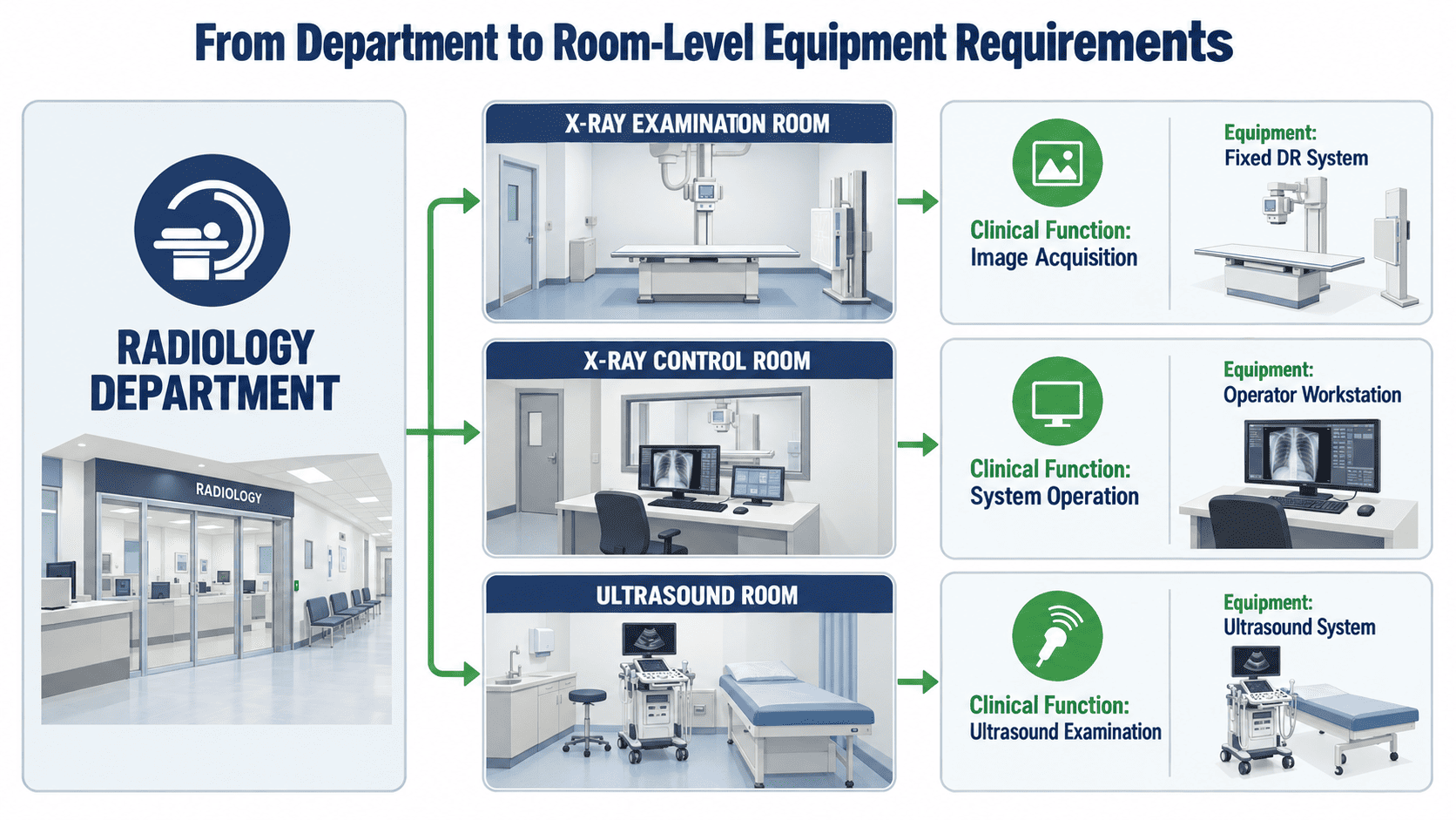 Radiology department room-level equipment configuration showing X-ray and ultrasound rooms, clinical functions and equipment.