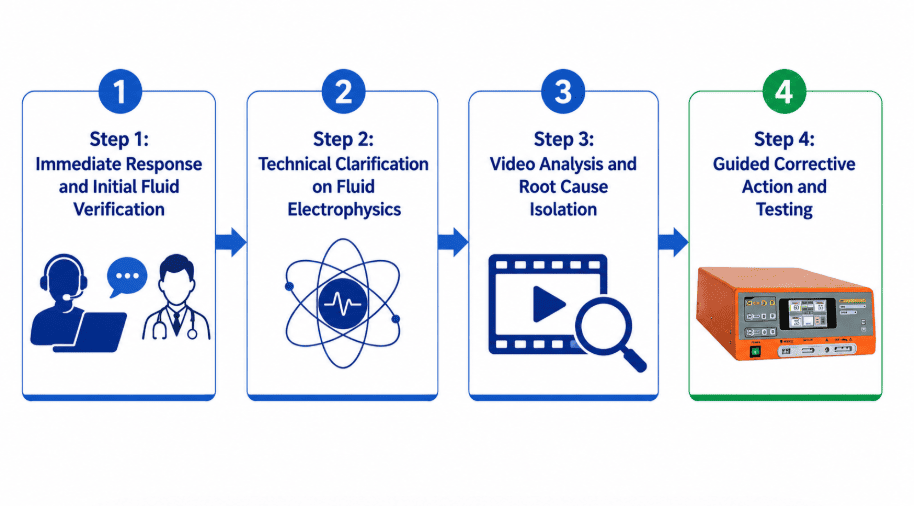 MECANMED 4-step remote electrosurgical unit repair flowchart showing diagnostics from verification to testing.
