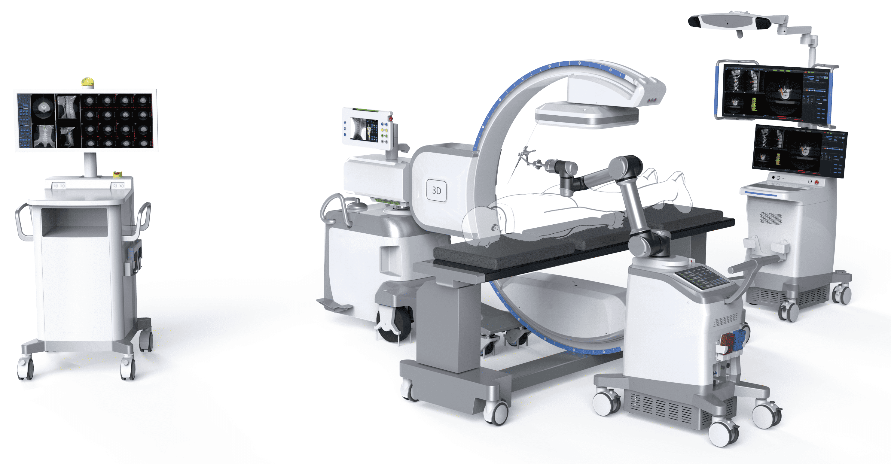 3D mobile C-arm integrated with surgical navigation and robotic systems for image-guided procedures.