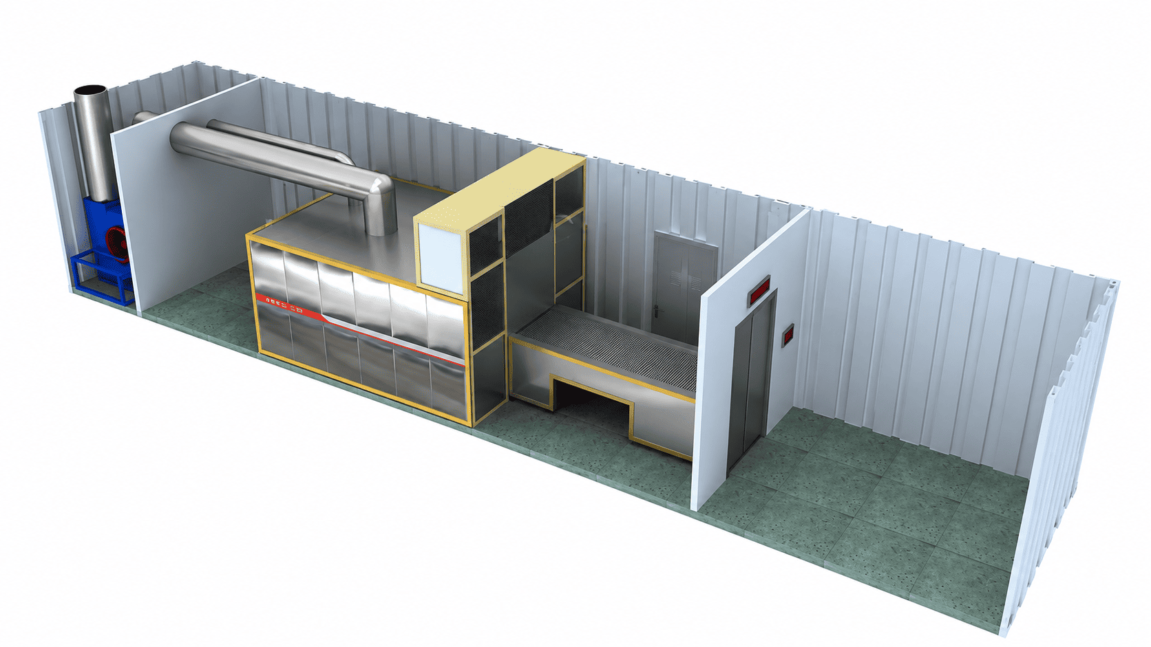 40 HQ container layout showing the cremation system, chimney, loading area, and supporting equipment.