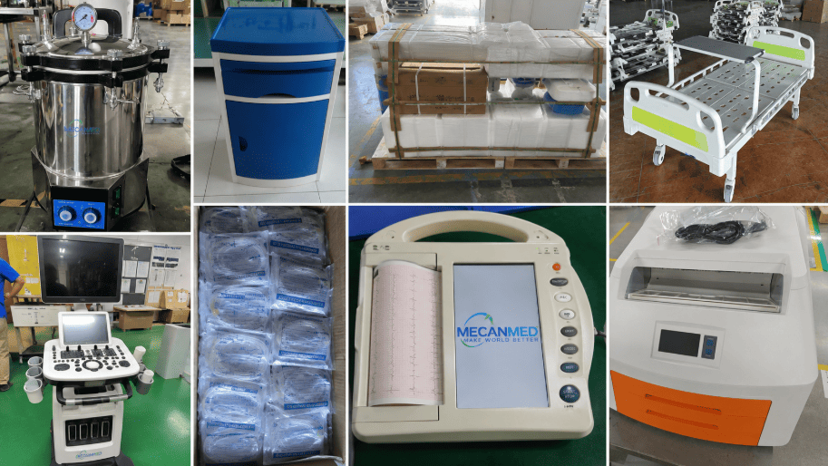Consolidated medical equipment by MECANMED for Zimbabwe hospital, including ultrasound, autoclave, and hospital bed.