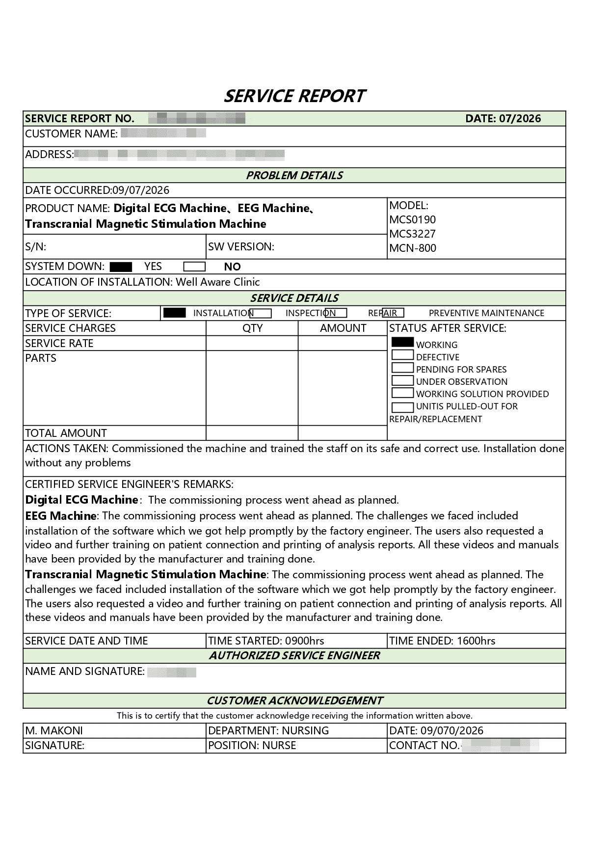 MECANMED service report documenting medical equipment installation, commissioning and equipment status after service.