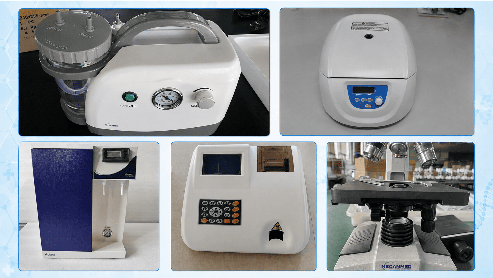 MECANMED supporting clinical lab equipment including centrifuge, water machine, urine analyzer, microscope, and suction unit.