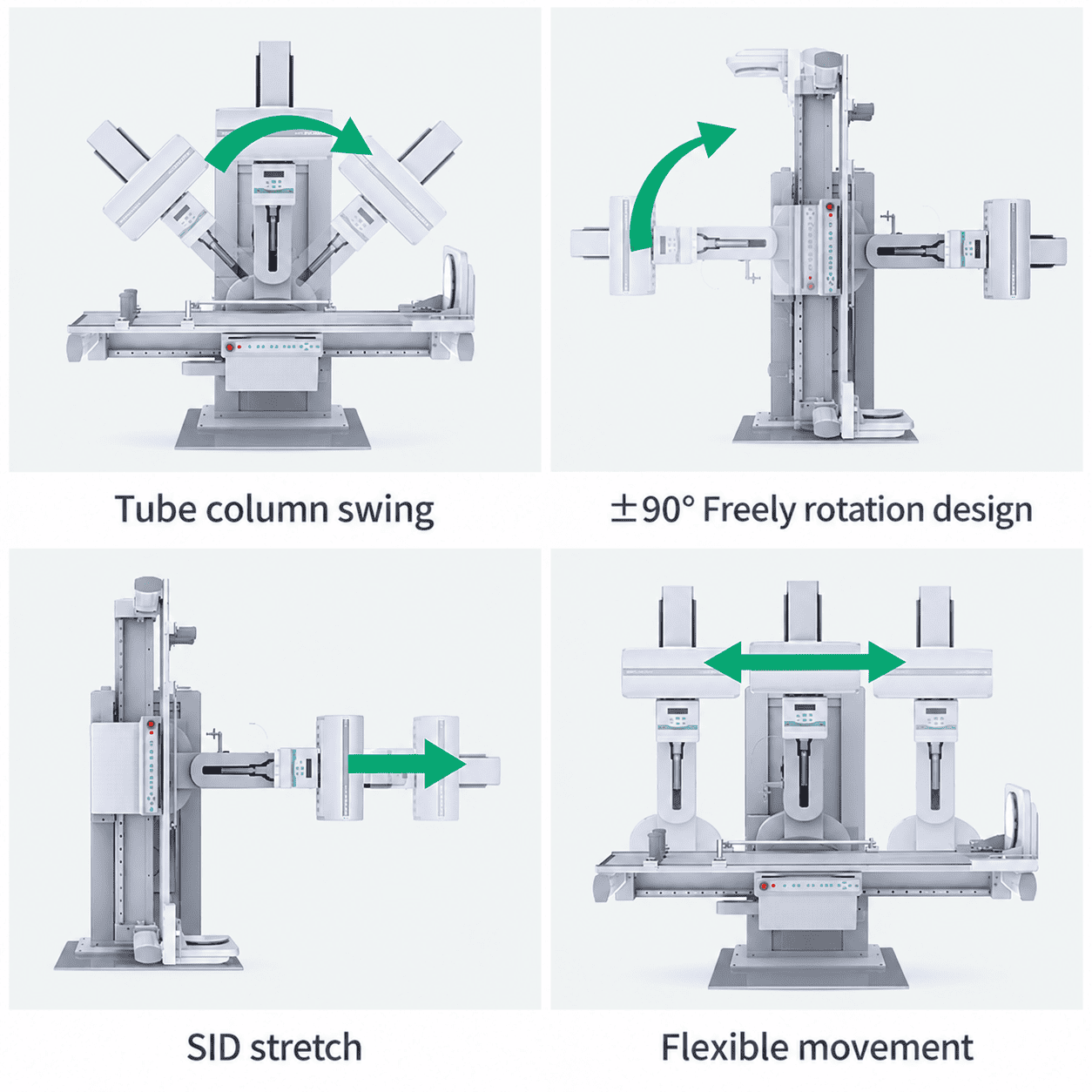 DRF X-ray system showing tube swing, &plusmn;90&deg; table rotation, adjustable SID and flexible lateral detector movement.