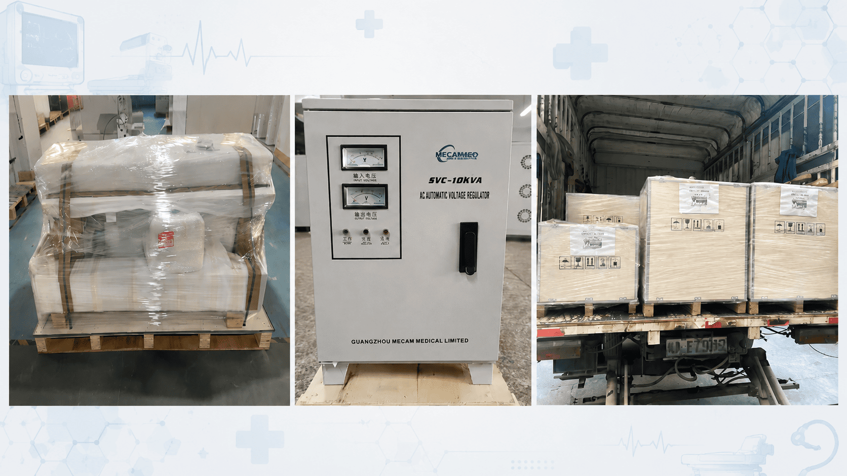 MECANMED 3 units of medical X-ray machines and matched voltage stabilizers packed for shipment to Uganda.