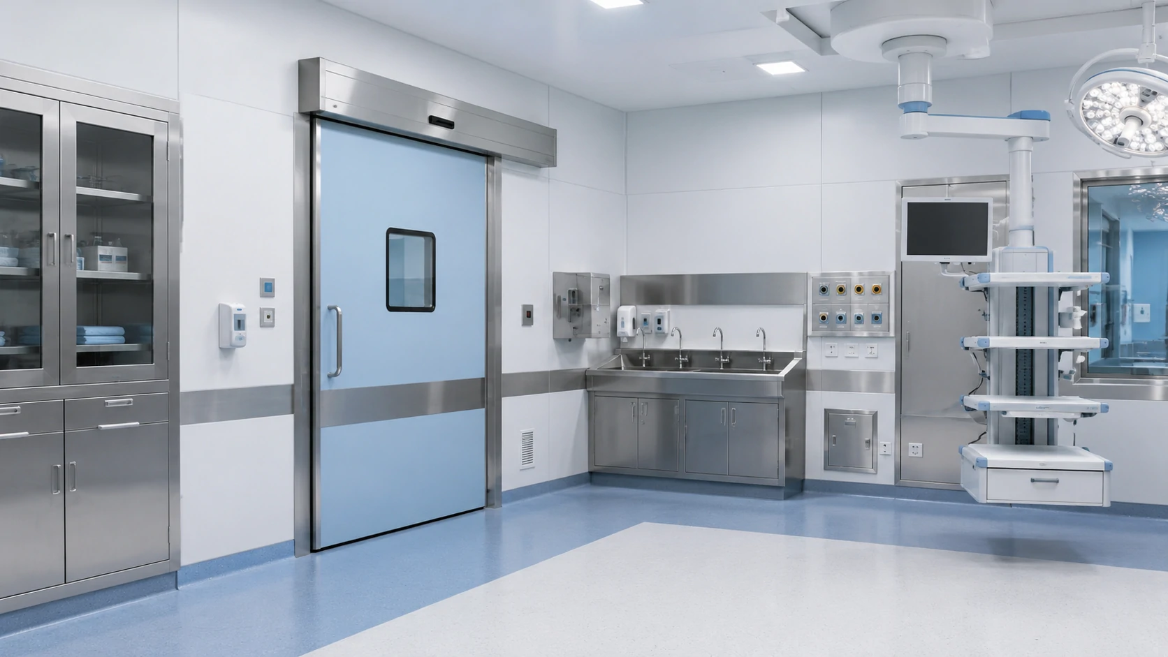 Modern operating room with hermetic door, surgical pendant, scrub sink, medical gas terminals, stainless steel cabinets and clean wall panels.
